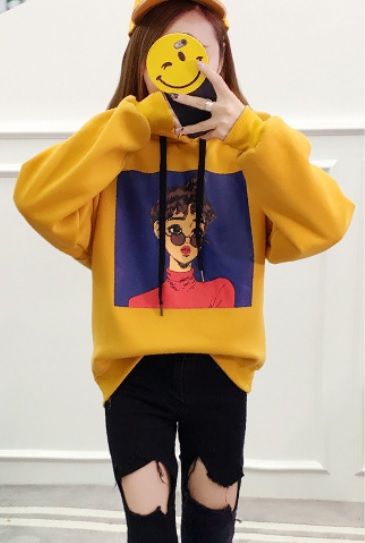 Áo hoodie nỉ thun dày nón màu vàng in hình cô gái size 2XL