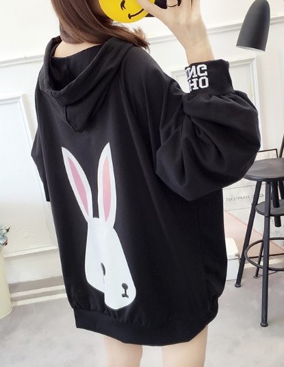 Áo hoodie thun nón màu đen lưng in hình thỏ trắng size lớn
