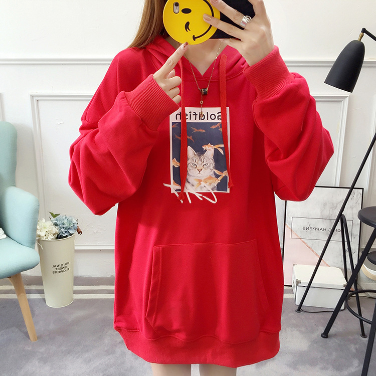 Áo hoodie thun nón màu đỏ in hình mèo Goldfish size 2XL