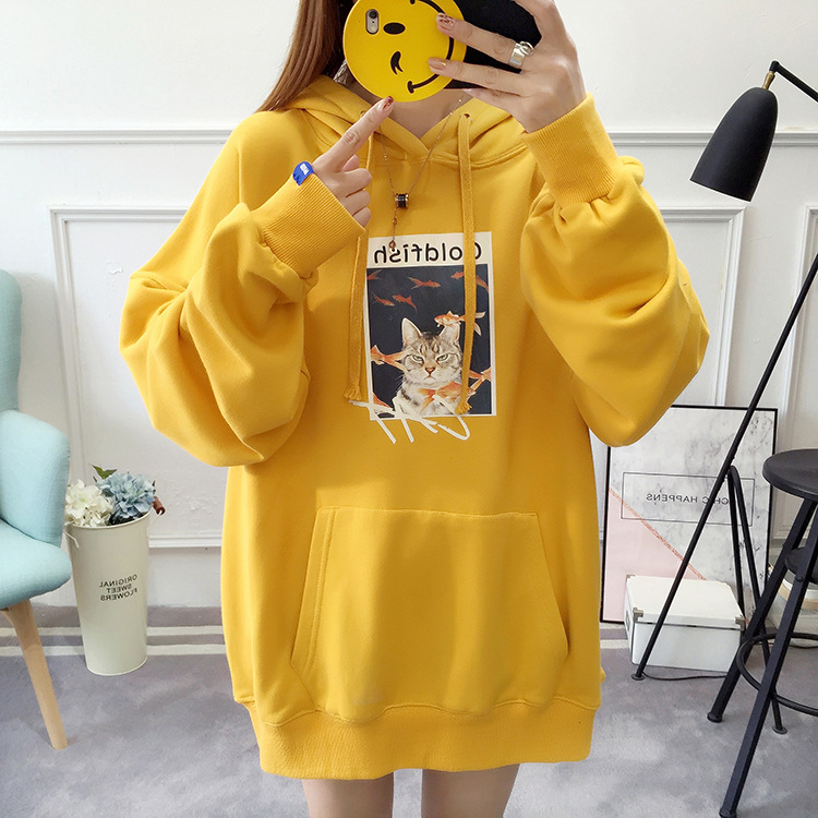 Áo hoodie thun nón màu vàng in hình mèo Goldfish size 2XL