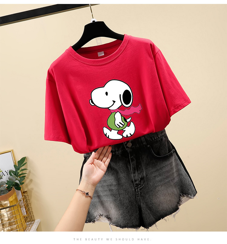 Áo thun màu đỏ cổ tròn in hình Snoopy size lớn