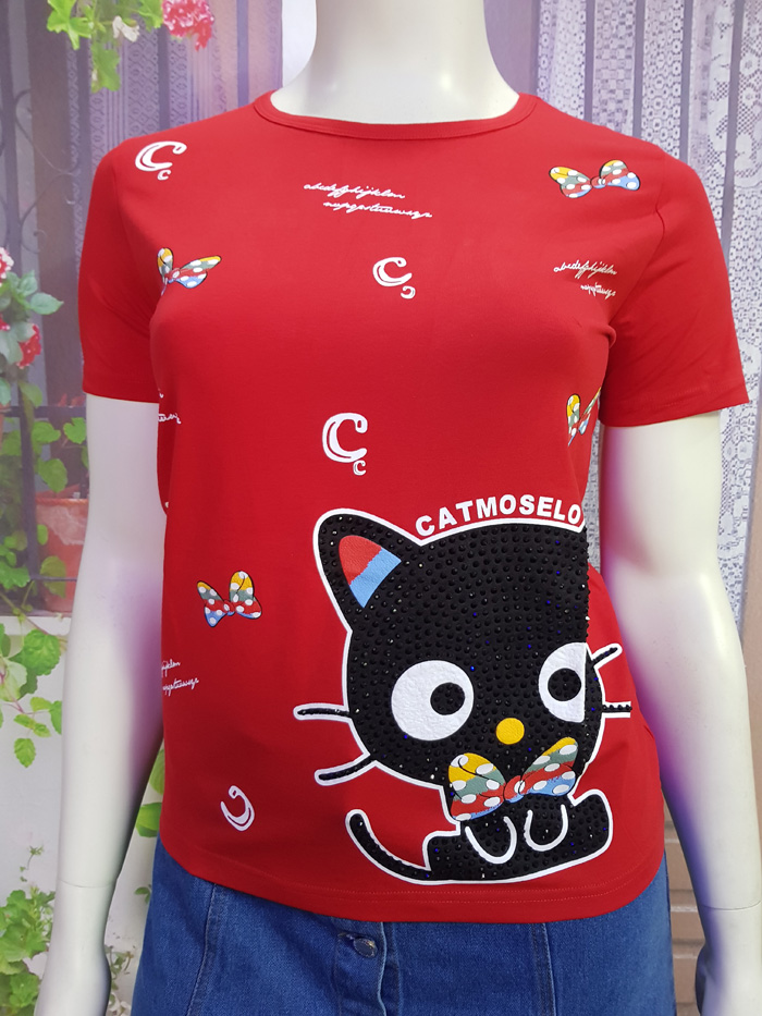 Áo thun màu đỏ in hình mèo đen to kim sa size XL