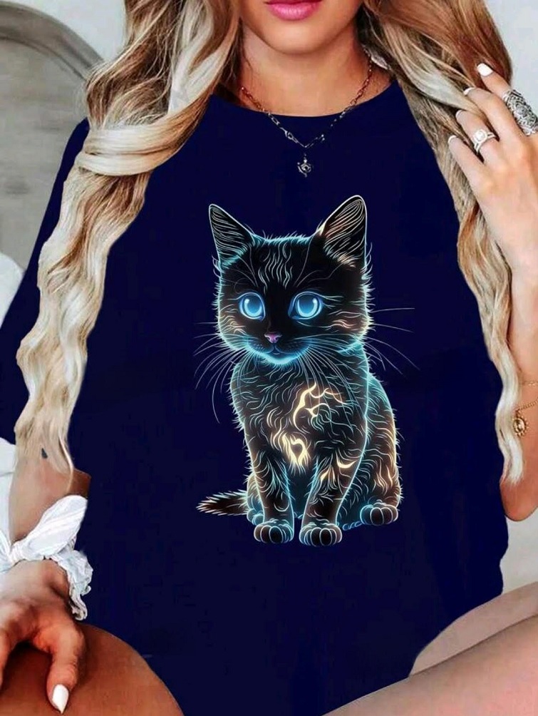 Áo thun màu xanh đen hình mèo 0216 size lớn