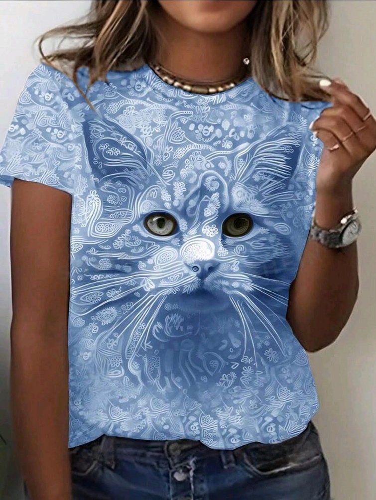 Áo thun xanh hình mèo 3D J163 size lớn