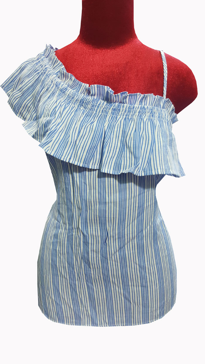 Áo vải kate sọc dọc màu xanh lệch vai 1 dây size L