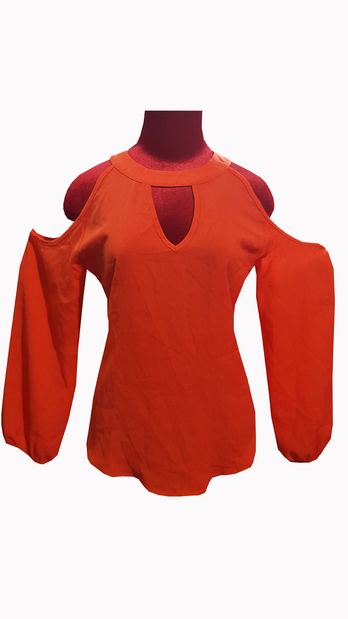 Áo vải voan màu cam hở vai khoét ngực tay dài size L