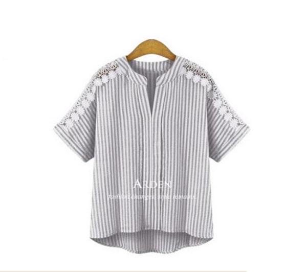 Áo vải xô sọc trắng xám đậm vai phối ren size 4XL