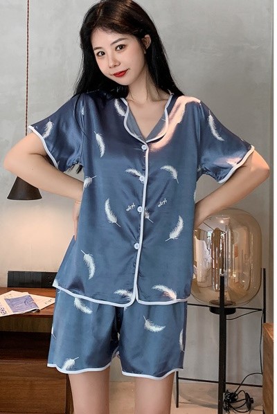 Bộ pijama short nữ vải cổ bẻ in lông vũ size 5XL