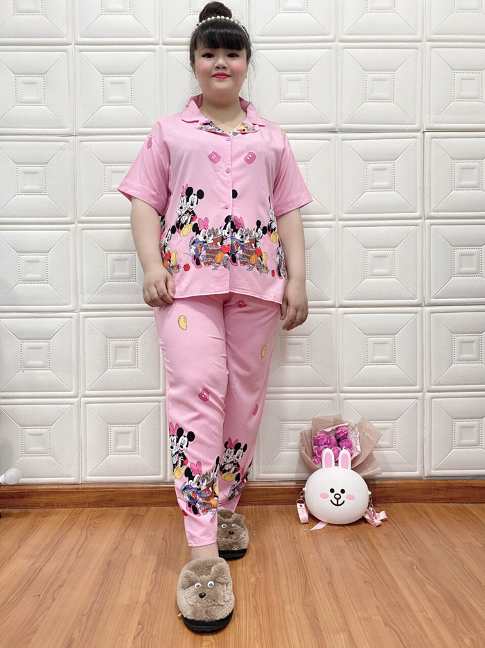 Bộ pijama vải quần dài áo tay ngắn màu hồng hình couple Mickey size lớn