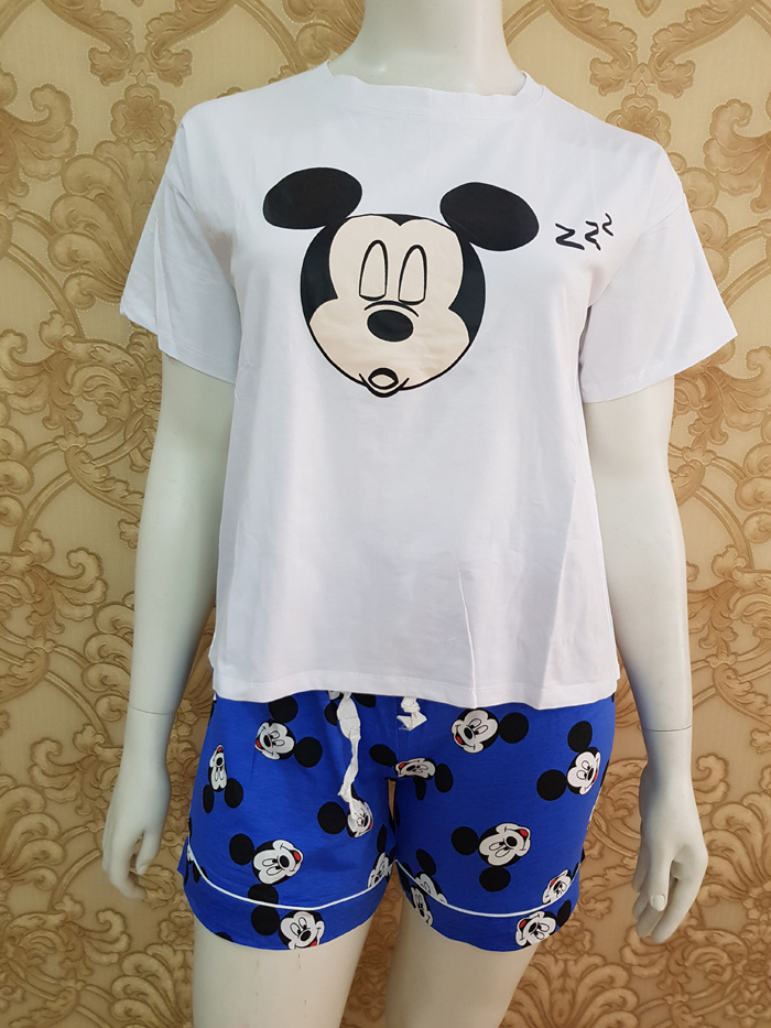 Bộ thun short áo trắng quần xanh in hình Mickey kèm túi free size