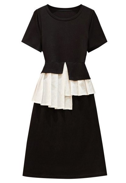 Đầm thun đen hông phối vải trắng xếp li size lớn