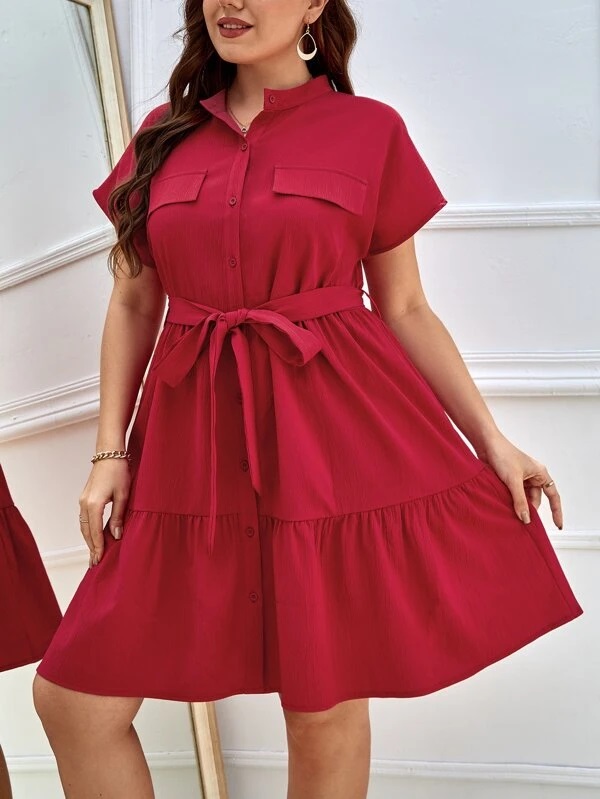 Đầm vải đỏ cổ trụ 2609 size lớn